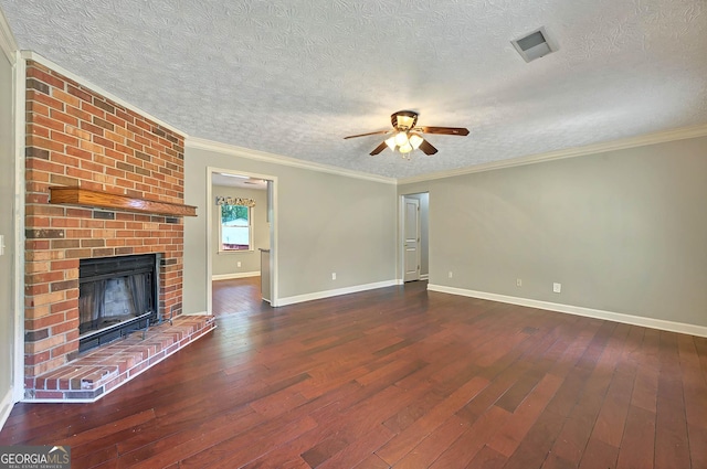 299 Fieldview Dr, Auburn, GA 30011 - unfurnished living room with ceiling fan, hardwood / wood-style floors, a textured ceiling, baseboards, and a brick fireplace