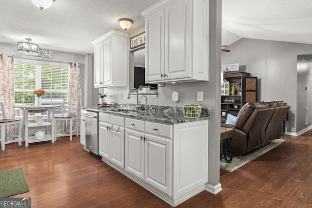 230 Hannah Dr, Colbert, GA 30628 - kitchen featuring dishwasher, a sink, white cabinets, dark wood-style flooring, and dark stone countertops