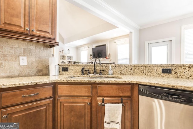 215 Wilsons Creek Bnd, Bonaire, GA 31005 - kitchen featuring dishwasher, a sink, light stone counters, backsplash, and crown molding