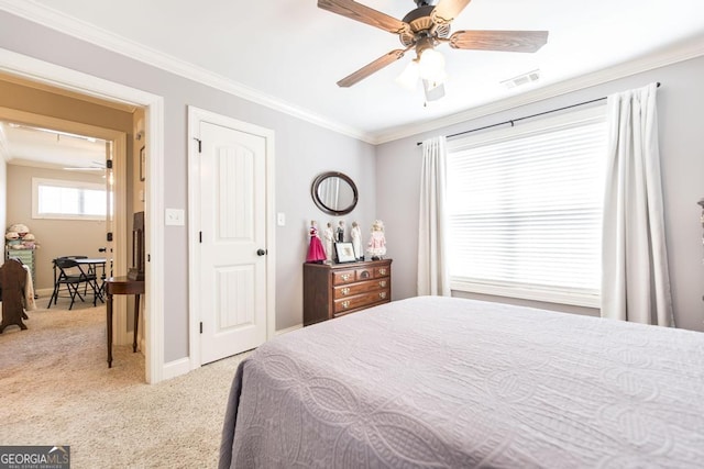 215 Wilsons Creek Bnd, Bonaire, GA 31005 - bedroom featuring light colored carpet, crown molding, baseboards, and a ceiling fan
