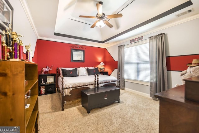 215 Wilsons Creek Bnd, Bonaire, GA 31005 - carpeted bedroom featuring a tray ceiling, crown molding, baseboards, and ceiling fan