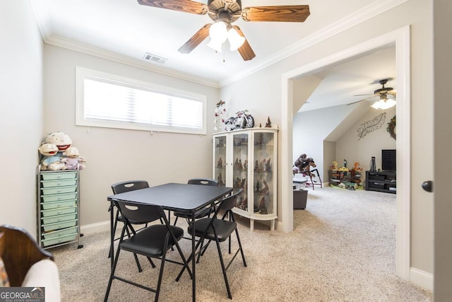 215 Wilsons Creek Bnd, Bonaire, GA 31005 - playroom with ceiling fan, light carpet, ornamental molding, and baseboards