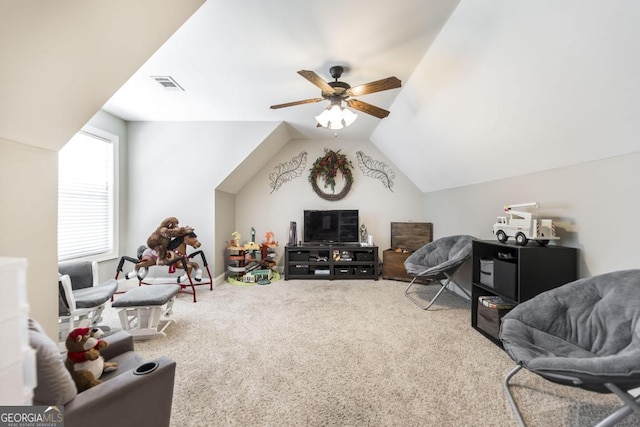 215 Wilsons Creek Bnd, Bonaire, GA 31005 - carpeted living room featuring a ceiling fan and vaulted ceiling