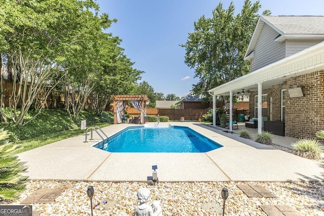 215 Wilsons Creek Bnd, Bonaire, GA 31005 - view of pool with a patio, an outdoor hangout area, a pergola, a fenced backyard, and a ceiling fan