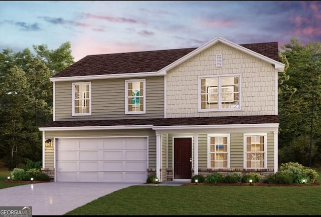 134 Red Oak Dr, Barnesville, GA 30204 - view of front facade with driveway, a lawn, an attached garage, and a shingled roof