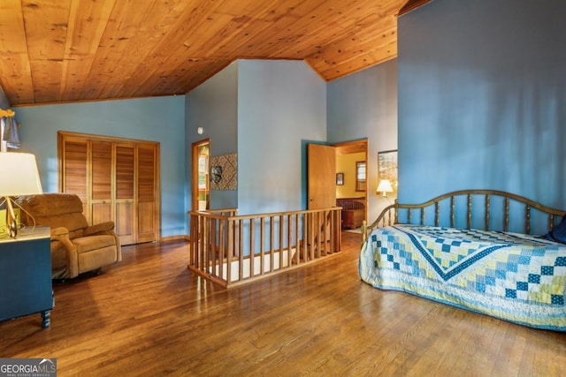 3644 Bert Dr, Gainesville, GA 30506 - bedroom with hardwood / wood-style floors, wooden ceiling, and high vaulted ceiling