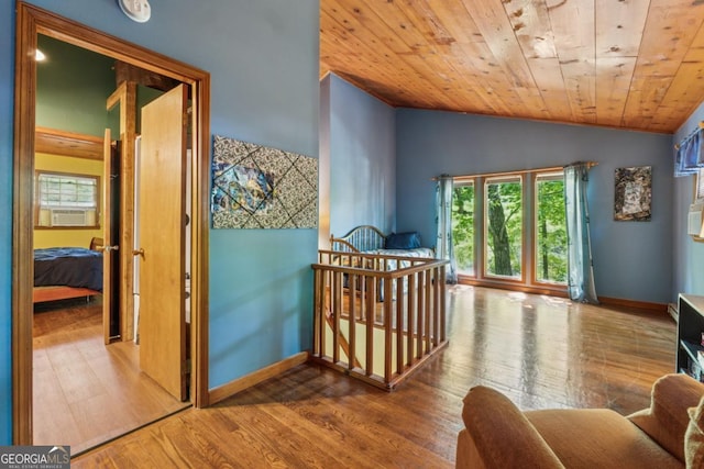 3644 Bert Dr, Gainesville, GA 30506 - hallway featuring an upstairs landing, wood-type flooring, plenty of natural light, vaulted ceiling, and wooden ceiling