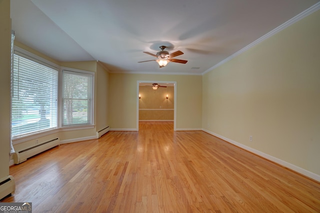 5 Hillcroft Dr NE, Rome, GA 30161 - unfurnished room featuring baseboard heating, ceiling fan, baseboards, light wood-style floors, and ornamental molding