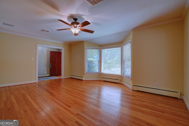 5 Hillcroft Dr NE, Rome, GA 30161 - unfurnished room featuring a baseboard heating unit, ceiling fan, light wood-style floors, ornamental molding, and lofted ceiling