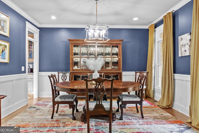 155 Bear Paw Ct, Clarkesville, GA 30523 - dining area with wood finished floors, a wainscoted wall, ornamental molding, recessed lighting, and a chandelier