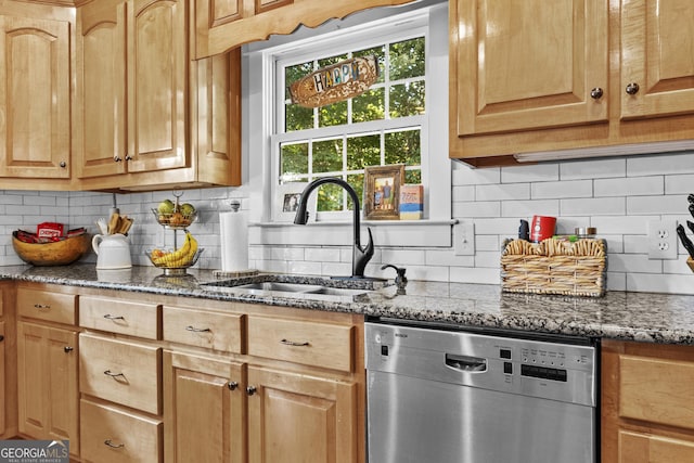 155 Bear Paw Ct, Clarkesville, GA 30523 - kitchen featuring stainless steel dishwasher, a sink, dark stone counters, and backsplash