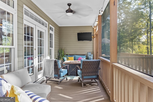 155 Bear Paw Ct, Clarkesville, GA 30523 - sunroom / solarium featuring french doors, an outdoor living space with a fire pit, and a ceiling fan