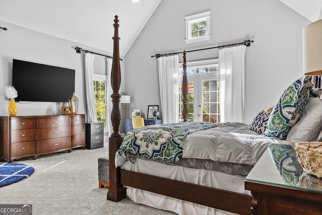 155 Bear Paw Ct, Clarkesville, GA 30523 - carpeted bedroom with high vaulted ceiling, access to outside, and french doors