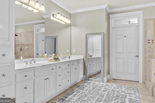 155 Bear Paw Ct, Clarkesville, GA 30523 - bathroom featuring tile patterned flooring, double vanity, a tile shower, and ornamental molding