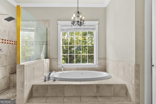 155 Bear Paw Ct, Clarkesville, GA 30523 - full bath with a garden tub, a chandelier, plenty of natural light, tiled shower, and ornamental molding