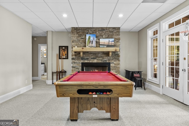 155 Bear Paw Ct, Clarkesville, GA 30523 - game room with carpet, baseboards, a drop ceiling, a fireplace, and pool table