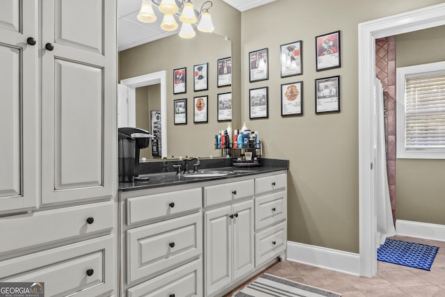 155 Bear Paw Ct, Clarkesville, GA 30523 - full bath featuring vanity, baseboards, a chandelier, tile patterned flooring, and a shower with curtain