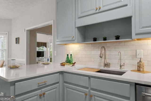 3027 Biltmore Woods Dr, Buford, GA 30519 - kitchen featuring a sink, gray cabinetry, tasteful backsplash, light countertops, and a textured ceiling
