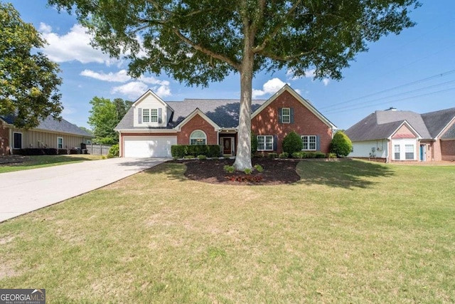 3027 Biltmore Woods Dr, Buford, GA 30519 - traditional-style house featuring concrete driveway, brick siding, a front lawn, and a garage