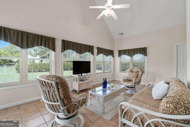 3027 Biltmore Woods Dr, Buford, GA 30519 - living room featuring high vaulted ceiling, ceiling fan, light tile patterned floors, and baseboards