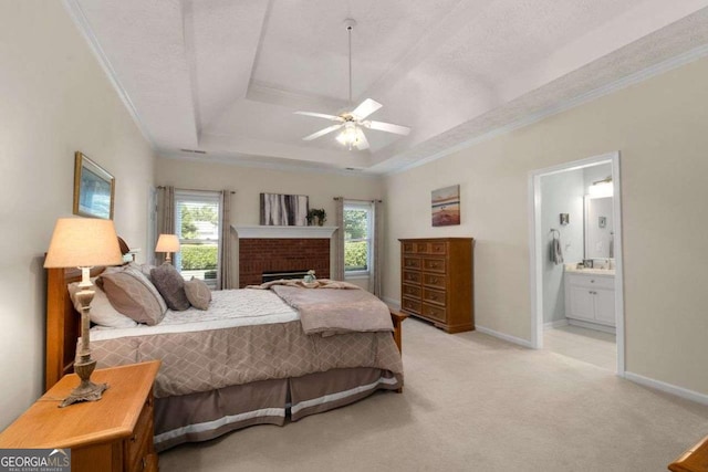 3027 Biltmore Woods Dr, Buford, GA 30519 - bedroom with a raised ceiling, multiple windows, ornamental molding, light carpet, and ensuite bath