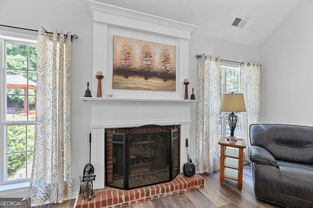 70 Otara Woods Ct, Newnan, GA 30263 - living area with wood finished floors, a fireplace, and lofted ceiling