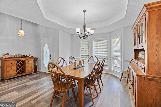 70 Otara Woods Ct, Newnan, GA 30263 - dining room featuring a tray ceiling, wood finished floors, a textured ceiling, a chandelier, and baseboards