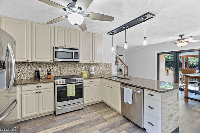 70 Otara Woods Ct, Newnan, GA 30263 - kitchen featuring stainless steel appliances, ceiling fan, a sink, a peninsula, and a textured ceiling