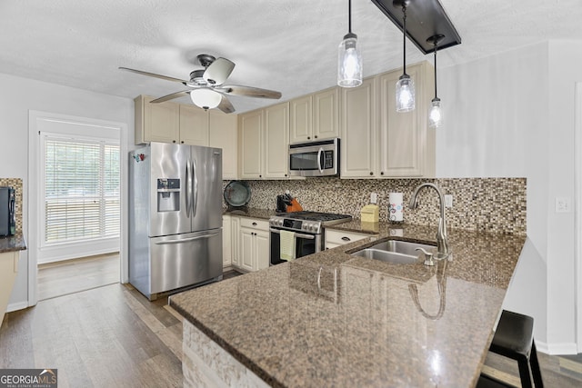 70 Otara Woods Ct, Newnan, GA 30263 - kitchen featuring stainless steel appliances, a sink, a peninsula, ceiling fan, and dark stone counters