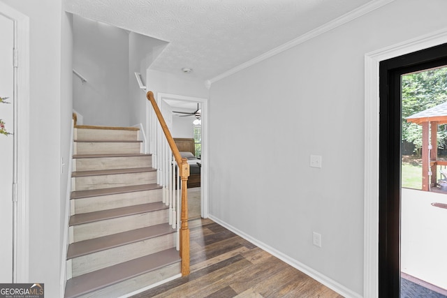 70 Otara Woods Ct, Newnan, GA 30263 - staircase featuring wood finished floors, ceiling fan, a textured ceiling, crown molding, and baseboards