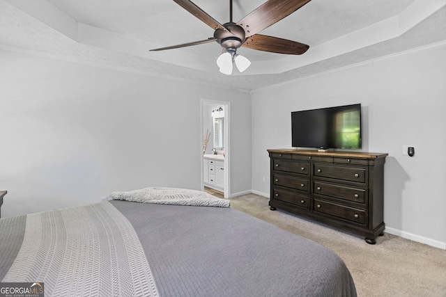 70 Otara Woods Ct, Newnan, GA 30263 - bedroom with a raised ceiling, baseboards, light colored carpet, and crown molding