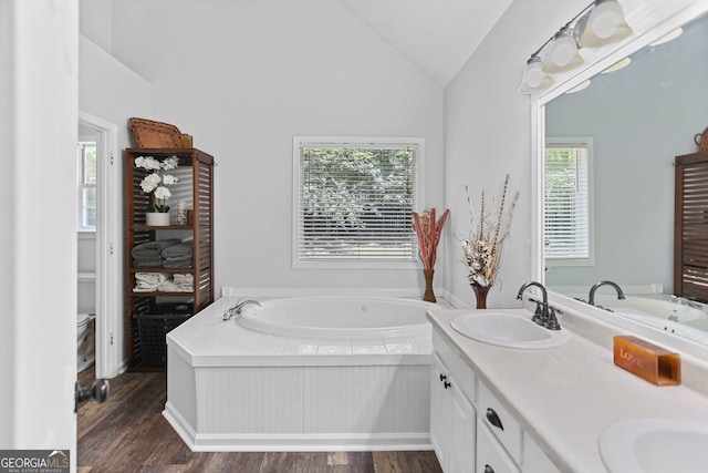 70 Otara Woods Ct, Newnan, GA 30263 - bathroom with vaulted ceiling, a bath, wood finished floors, double vanity, and toilet