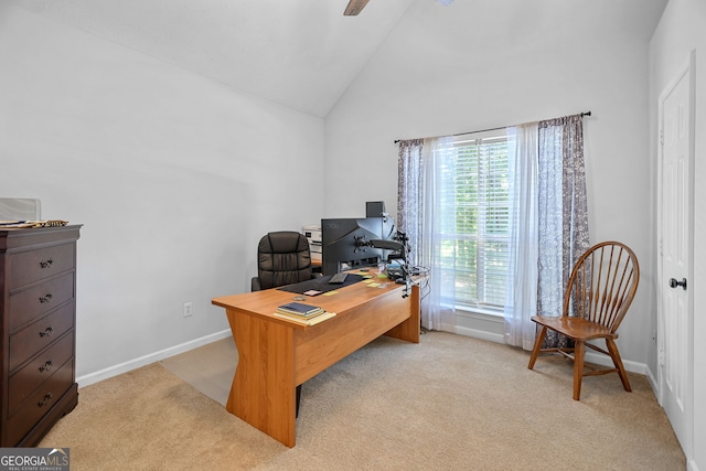 70 Otara Woods Ct, Newnan, GA 30263 - carpeted home office featuring healthy amount of natural light, high vaulted ceiling, a ceiling fan, and baseboards