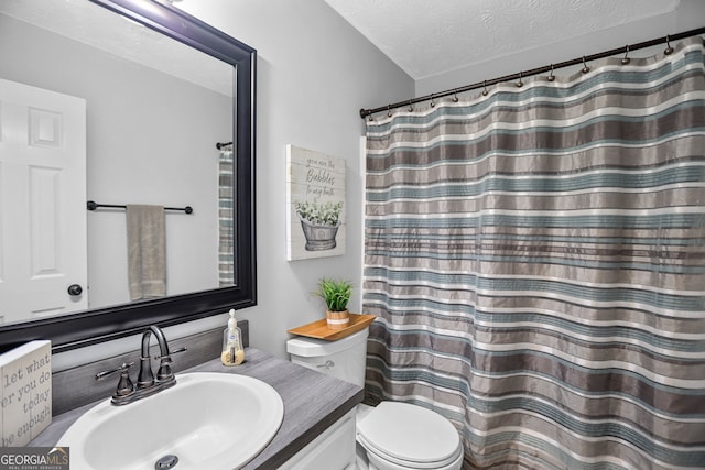 70 Otara Woods Ct, Newnan, GA 30263 - bathroom featuring toilet, a textured ceiling, vanity, and a shower with curtain