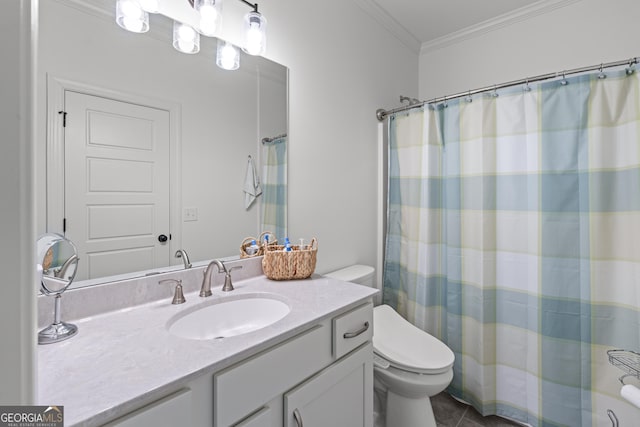 2036 Jefferson Hall Dr, Monroe, GA 30656 - bathroom with vanity, ornamental molding, a shower with curtain, and tile patterned flooring