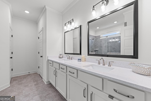 2036 Jefferson Hall Dr, Monroe, GA 30656 - bathroom featuring double vanity, tiled shower, ornamental molding, and recessed lighting