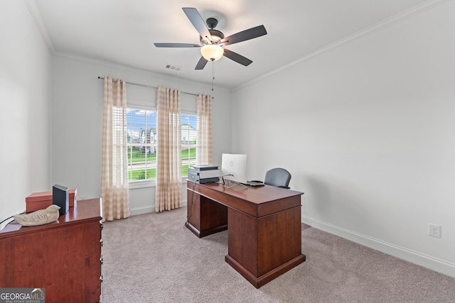 2036 Jefferson Hall Dr, Monroe, GA 30656 - office featuring ceiling fan, light carpet, and ornamental molding