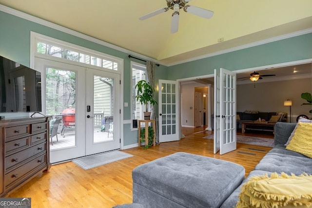 405 Woodbrook Way, Lawrenceville, GA 30043 - doorway to outside featuring french doors, a ceiling fan, ornamental molding, light wood-type flooring, and baseboards