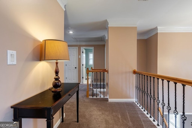 405 Woodbrook Way, Lawrenceville, GA 30043 - corridor with attic access, crown molding, an upstairs landing, carpet floors, and baseboards