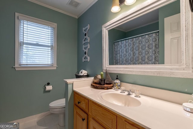 405 Woodbrook Way, Lawrenceville, GA 30043 - full bath featuring vanity, toilet, ornamental molding, tile patterned flooring, and a shower with curtain