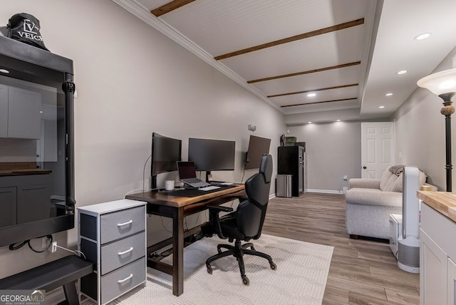 405 Woodbrook Way, Lawrenceville, GA 30043 - office area featuring light wood-style flooring, ornamental molding, baseboards, and recessed lighting