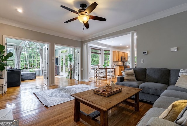 405 Woodbrook Way, Lawrenceville, GA 30043 - living room with ceiling fan, ornamental molding, light wood-style flooring, ornate columns, and baseboards