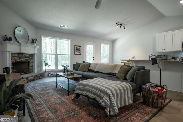 35 Westwood St, Danielsville, GA 30633 - living area featuring wood finished floors, lofted ceiling, a fireplace, track lighting, and a ceiling fan