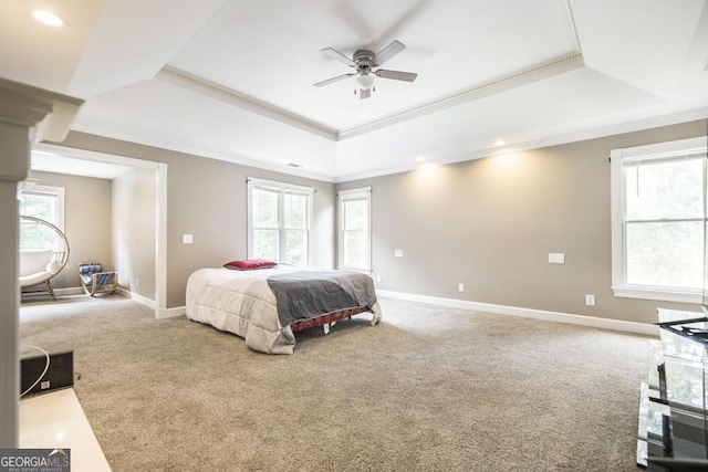 107 Julee Emilyn Dr, Bonaire, GA 31005 - carpeted bedroom featuring a raised ceiling, multiple windows, crown molding, baseboards, and recessed lighting