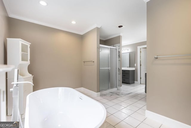 107 Julee Emilyn Dr, Bonaire, GA 31005 - bathroom with baseboards, a stall shower, crown molding, a freestanding bath, and vanity