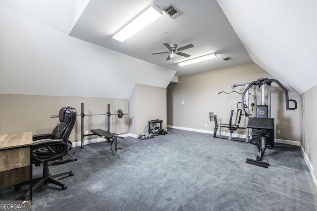 107 Julee Emilyn Dr, Bonaire, GA 31005 - exercise room featuring lofted ceiling, baseboards, ceiling fan, and carpet