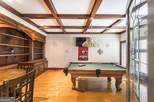 107 Julee Emilyn Dr, Bonaire, GA 31005 - recreation room featuring coffered ceiling, beam ceiling, light wood-type flooring, pool table, and baseboards