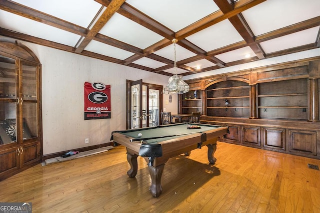 107 Julee Emilyn Dr, Bonaire, GA 31005 - game room with pool table, light wood-type flooring, coffered ceiling, and beam ceiling