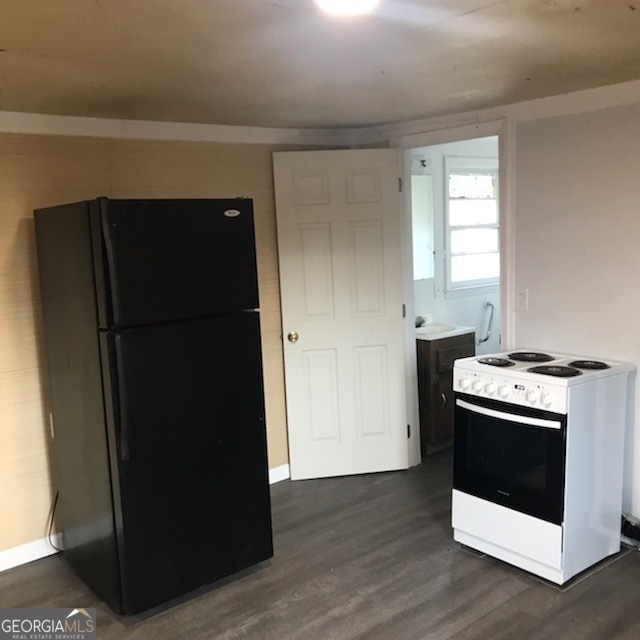 125 Jones St, Summerville, GA 30747 - kitchen featuring freestanding refrigerator, white electric range, and dark wood-style floors