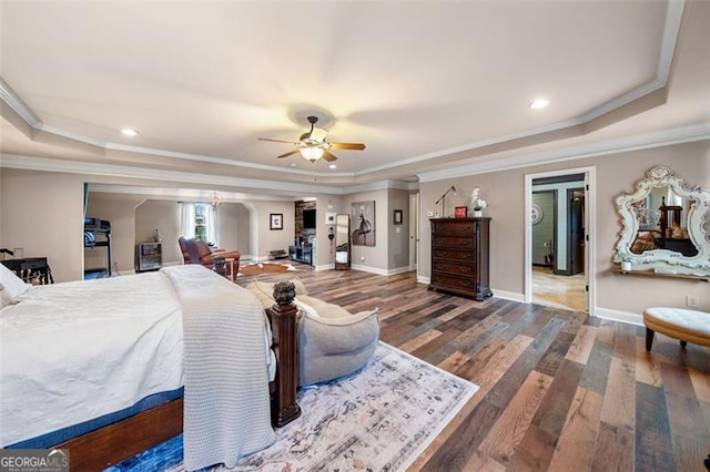 501 Rabun Ct, Canton, GA 30115 - bedroom with a raised ceiling, ornamental molding, wood finished floors, recessed lighting, and a ceiling fan